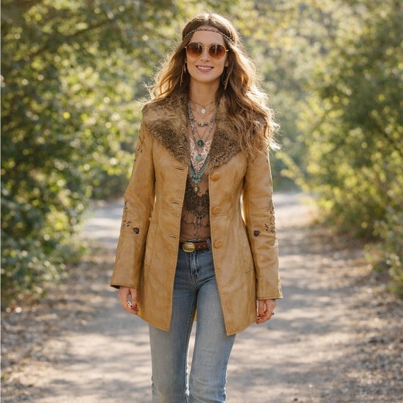 Arden B Jackets & Blazers - Vintage Arden B | Y2K Penny Lane Tan Leather Coat Fur Collar Embroidered | Sz S